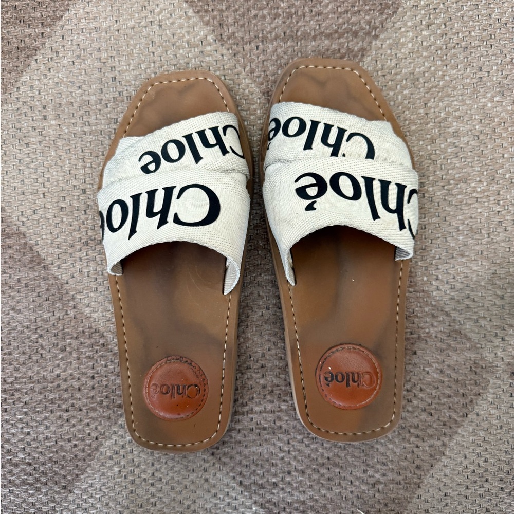 Chloe Tan and Cream Slide Sandals